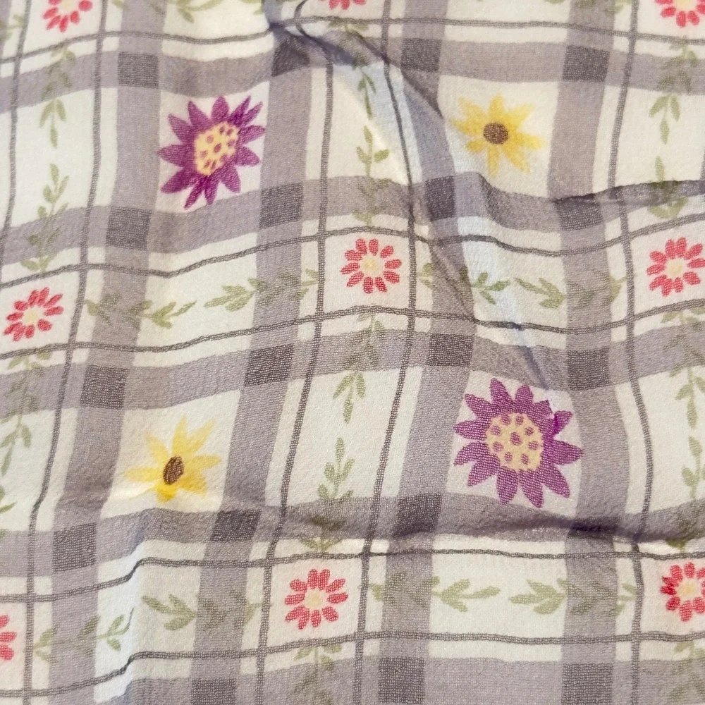 Cejon Silk Scarf Square Plaid Floral Purple Yellow Vtg Y2K 90s Printed‎ in Korea